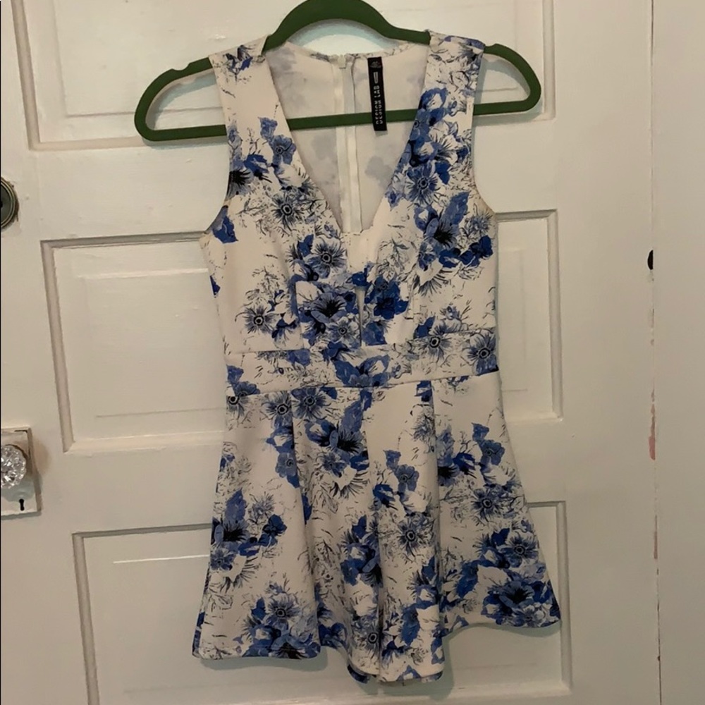 Blue & White floral romper with front cutout